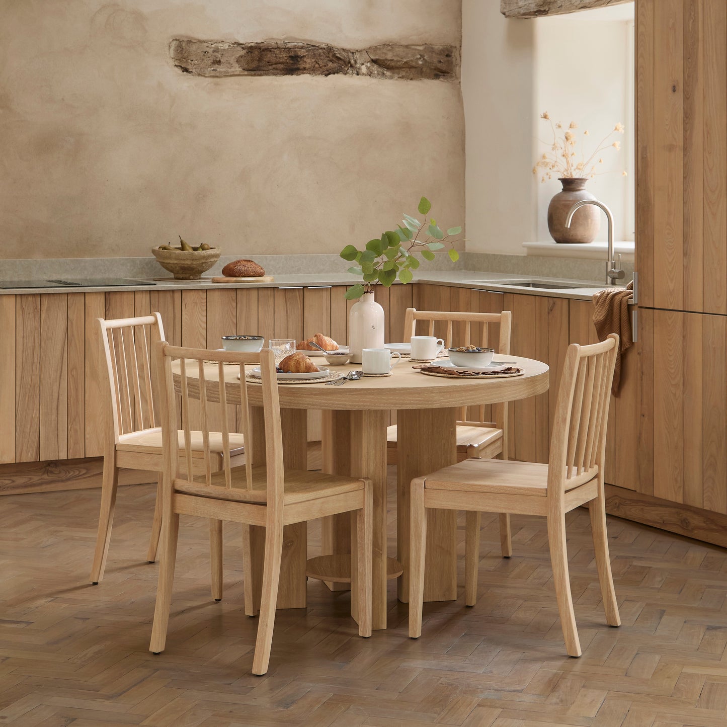 Marlon Whitewash Oak Round Dining Table Set - 4 Seater - Tilly Dining Chairs - Whitewash Oak Legs - Laura James 