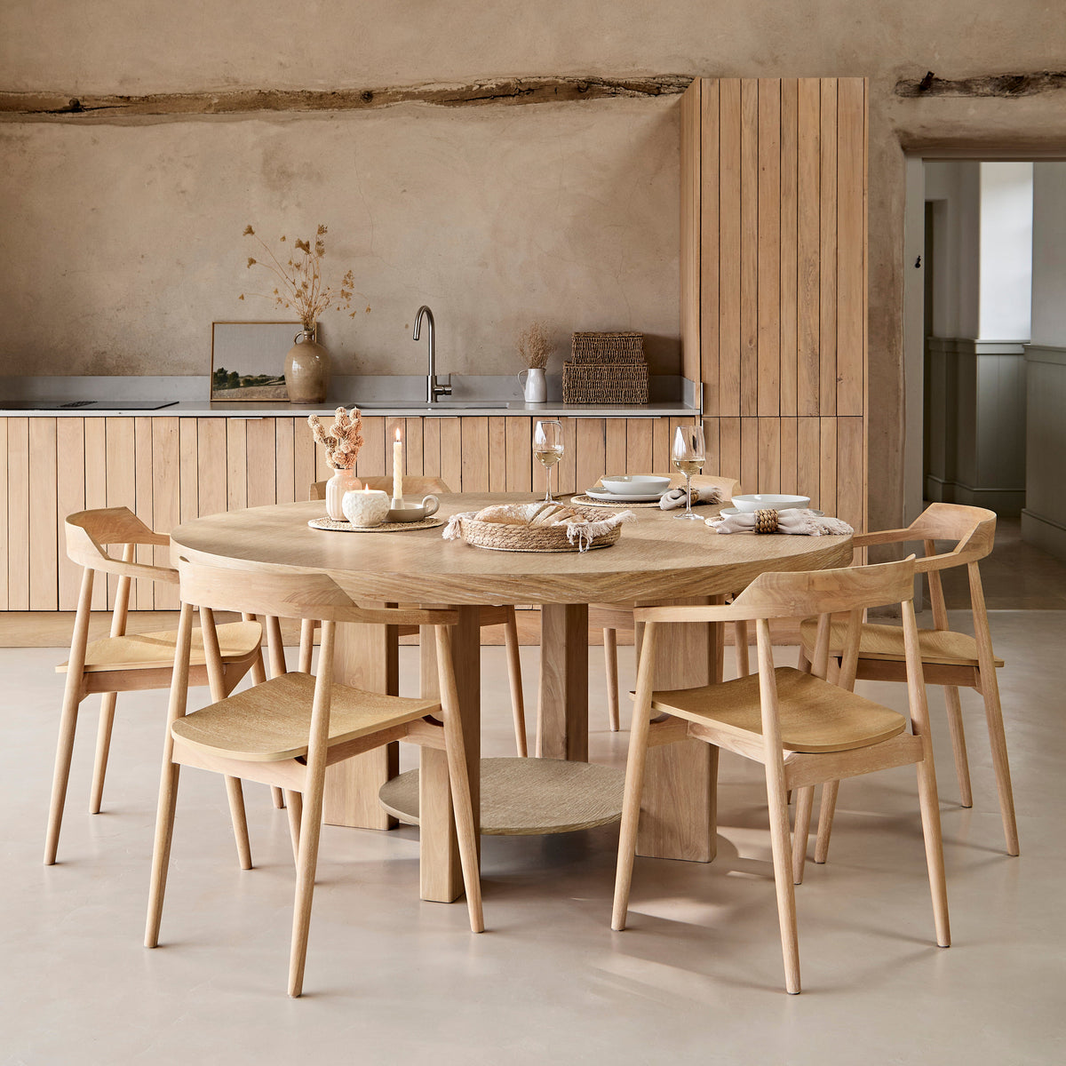 Marlon Whitewash Oak Round Dining Table Set - 6 Seater - Carter Whitewash Oak Dining Armchairs - Laura James 