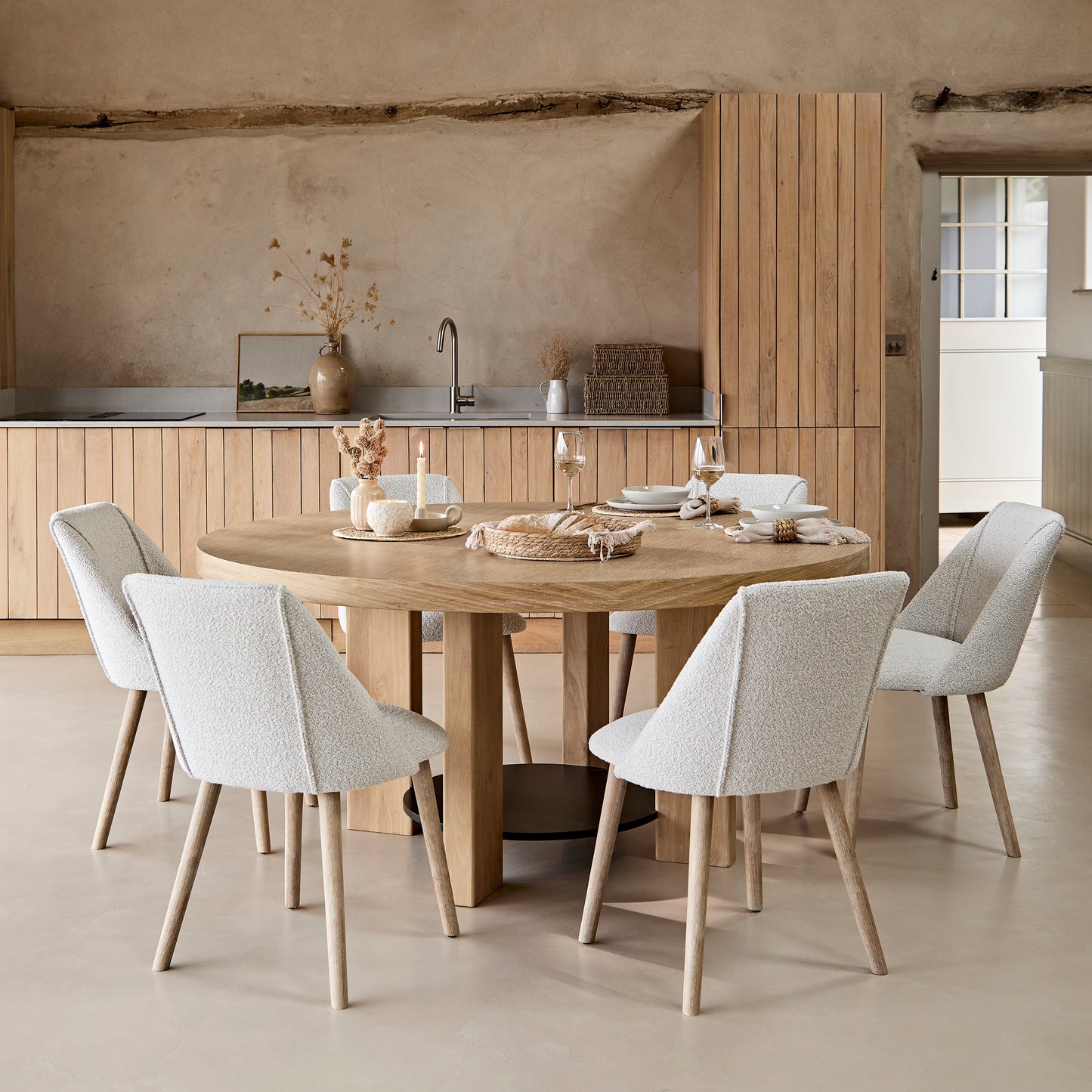 Marlon Whitewash Oak with Black Insert Round Dining Table Set - 6 Seater - Freya Oat Boucle Dining Chairs - Laura James 