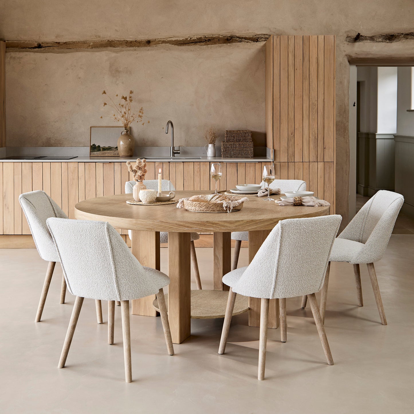 Marlon Whitewash Oak Round Dining Table Set - 6 Seater - Freya Oat Boucle Dining Chairs - Whitewash Oak Legs - Laura James 