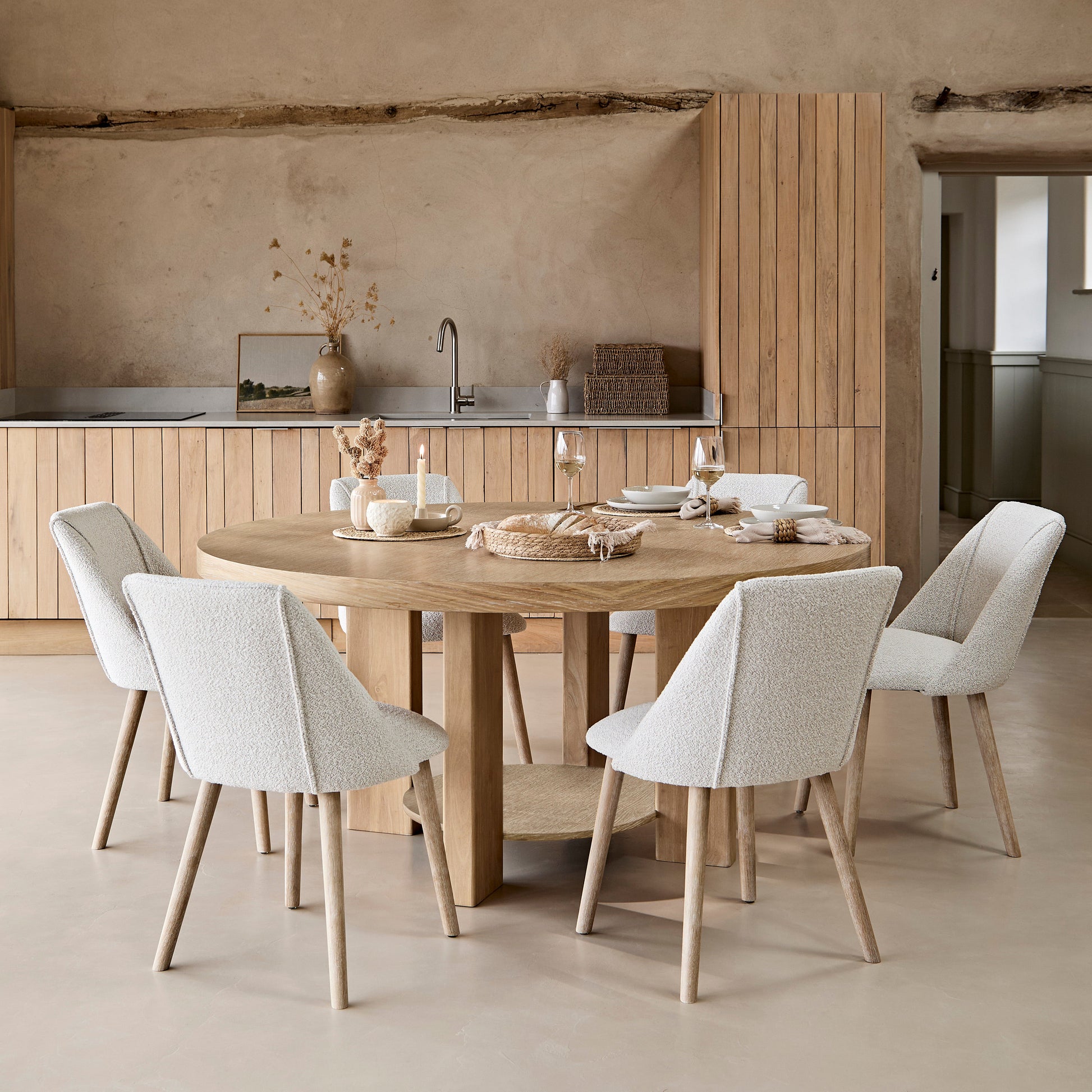 Marlon Whitewash Oak Round Dining Table Set - 6 Seater - Freya Oat Boucle Dining Chairs - Whitewash Oak Legs - Laura James 