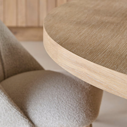 Marlon Whitewash Oak with Black Insert Round Dining Table Set - 6 Seater - Freya Oat Boucle Dining Chairs - Laura James