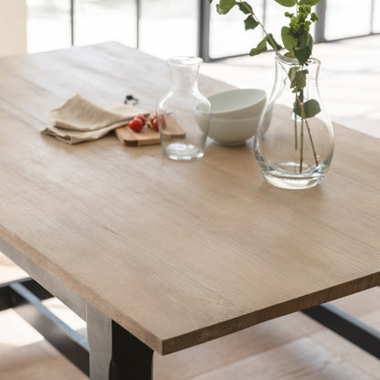 Matilda Rectangular Wooden Dining Table and Benches Set - Chalked Mango Wood and Black - Laura James