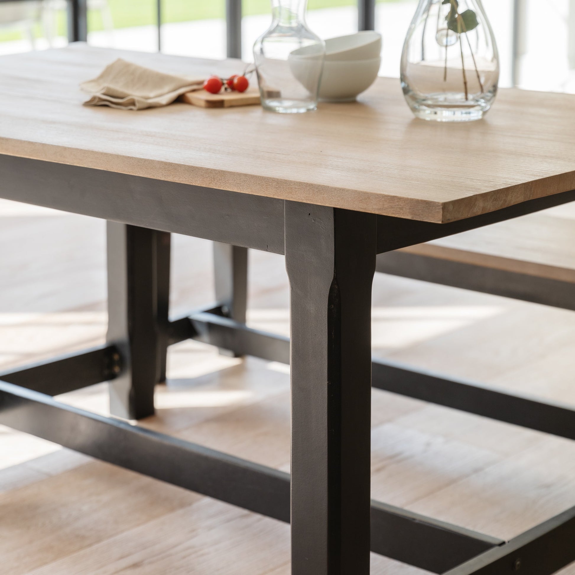 Matilda Rectangular Wooden Dining Table and Benches Set - Chalked Mango Wood and Black - Laura James