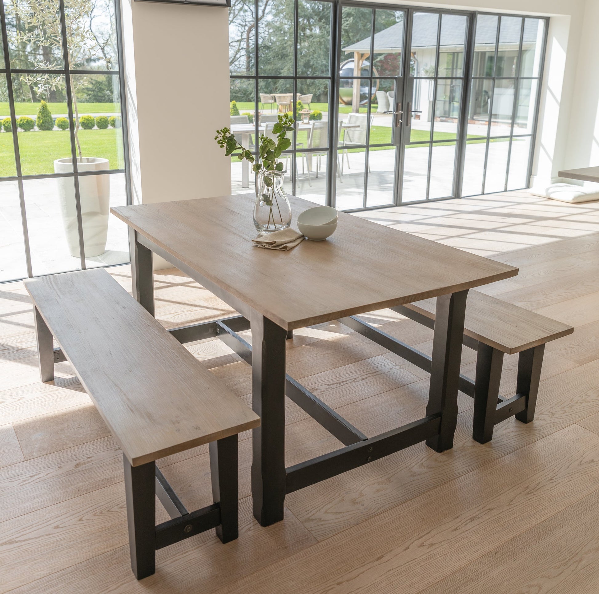 Matilda Rectangular Wooden Dining Table and Benches Set - Chalked Mango Wood and Black - Laura James