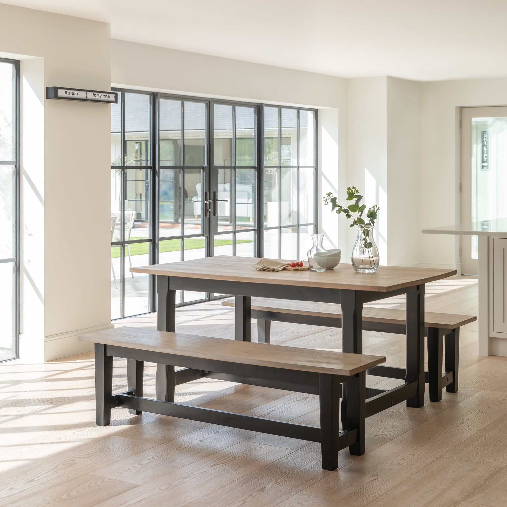 Matilda Rectangular Wooden Dining Table and Benches Set - Chalked Mango Wood and Black - Laura James