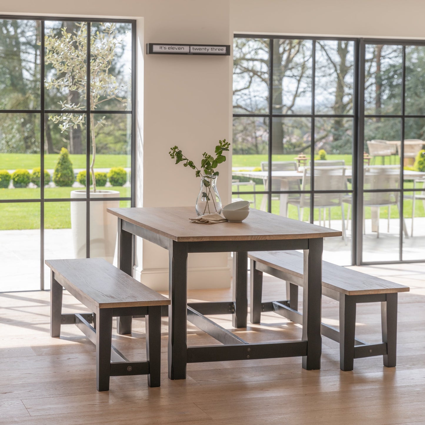 Matilda Rectangular Wooden Dining Table and Benches Set - Chalked Mango Wood and Black - Laura James