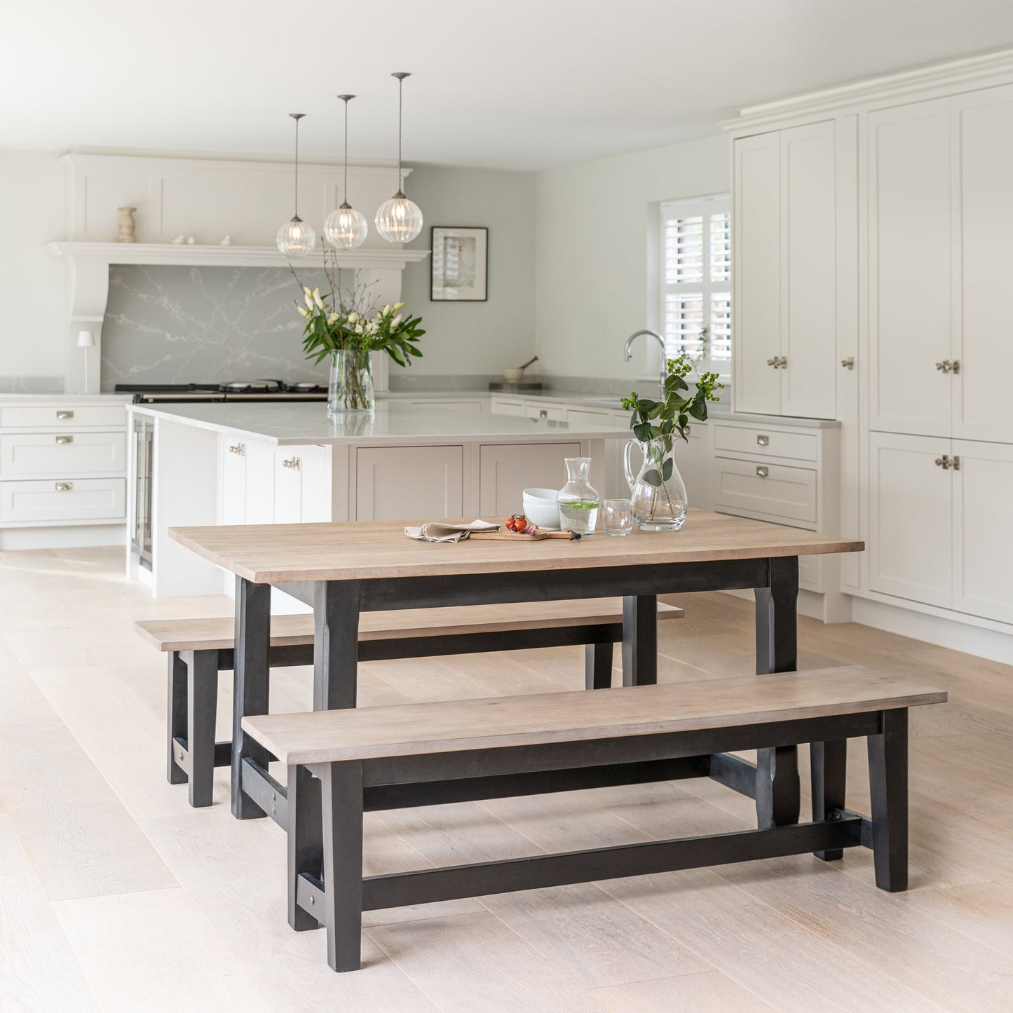 Matilda Rectangular Wooden Dining Table and Benches Set - Chalked Mango Wood and Black - Laura James