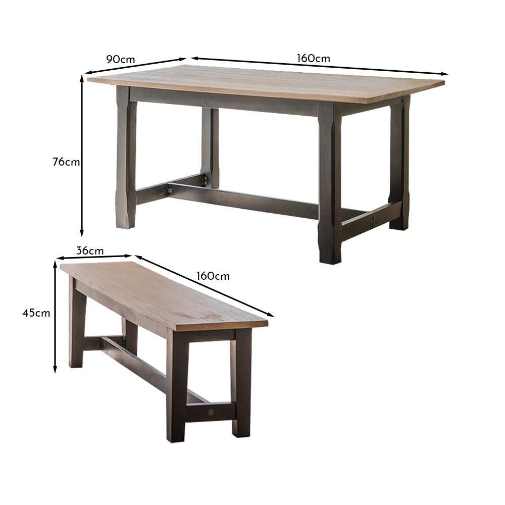 Matilda Rectangular Wooden Dining Table and Benches Set - Chalked Mango Wood and Black - Laura James