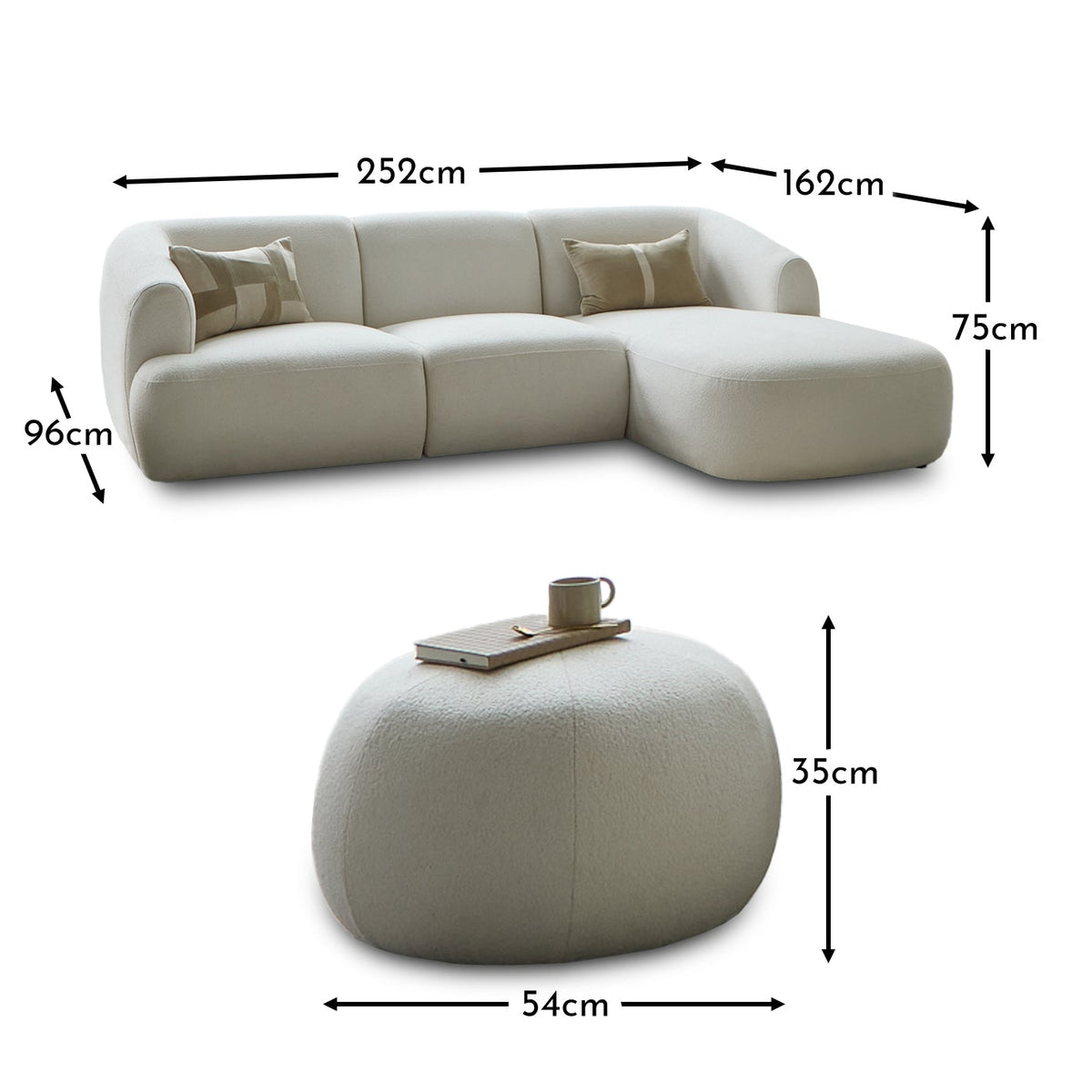 Nathalia Chaise Corner Sofa & Round Footstool Set - Chalk White Boucle - LAURA JAMES 