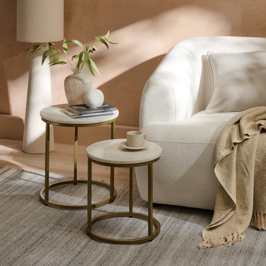 Nara White Marble Round Nesting Side Tables - Gold Frame - Laura James