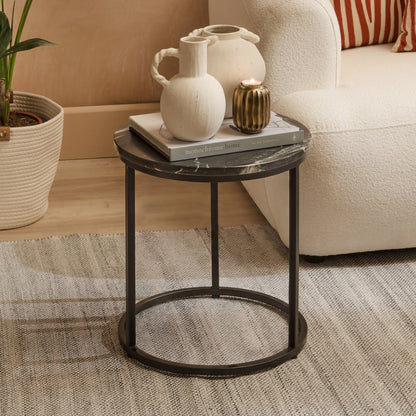 Nara Black Marble Round Side Table - Black Frame - Laura James