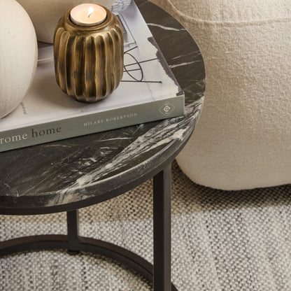 Nara Black Marble Round Side Table - Black Frame