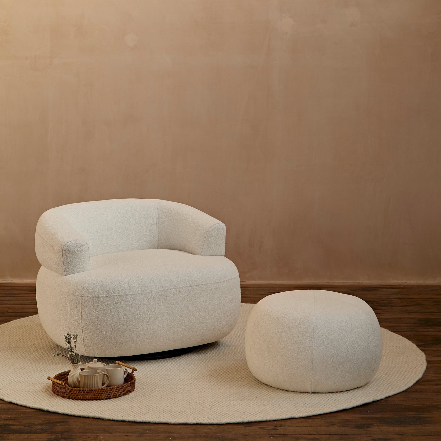 Nathalia 86cm Swivel Armchair - Chalk White Boucle - Laura James