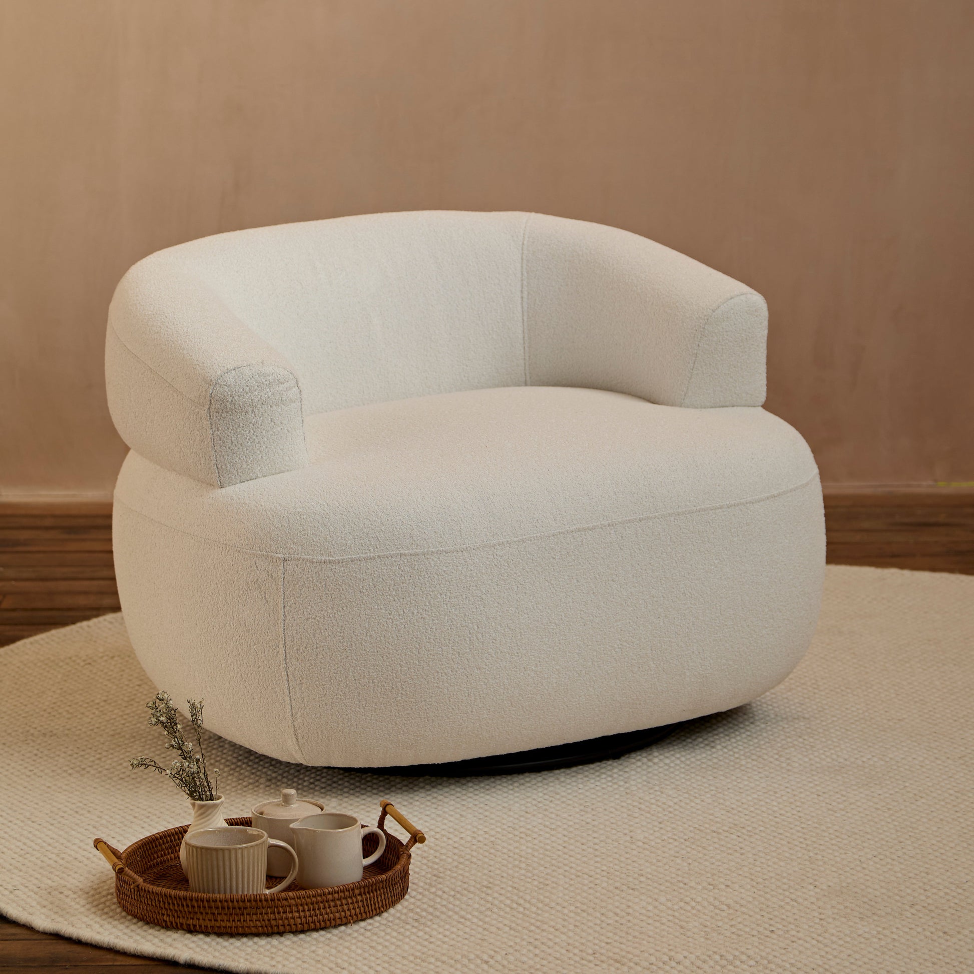Nathalia 86cm Swivel Armchair - Chalk White Boucle - Laura James