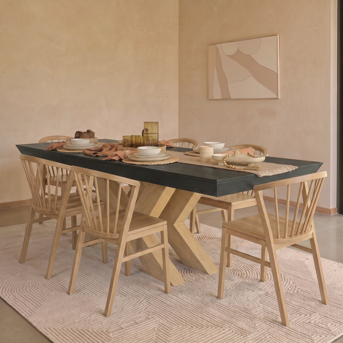 Olivia 160-240cm Black Oak Dining Table Set - 6 Seater - Mabel Dining Chairs - Whitewash Oak Legs - Laura James 