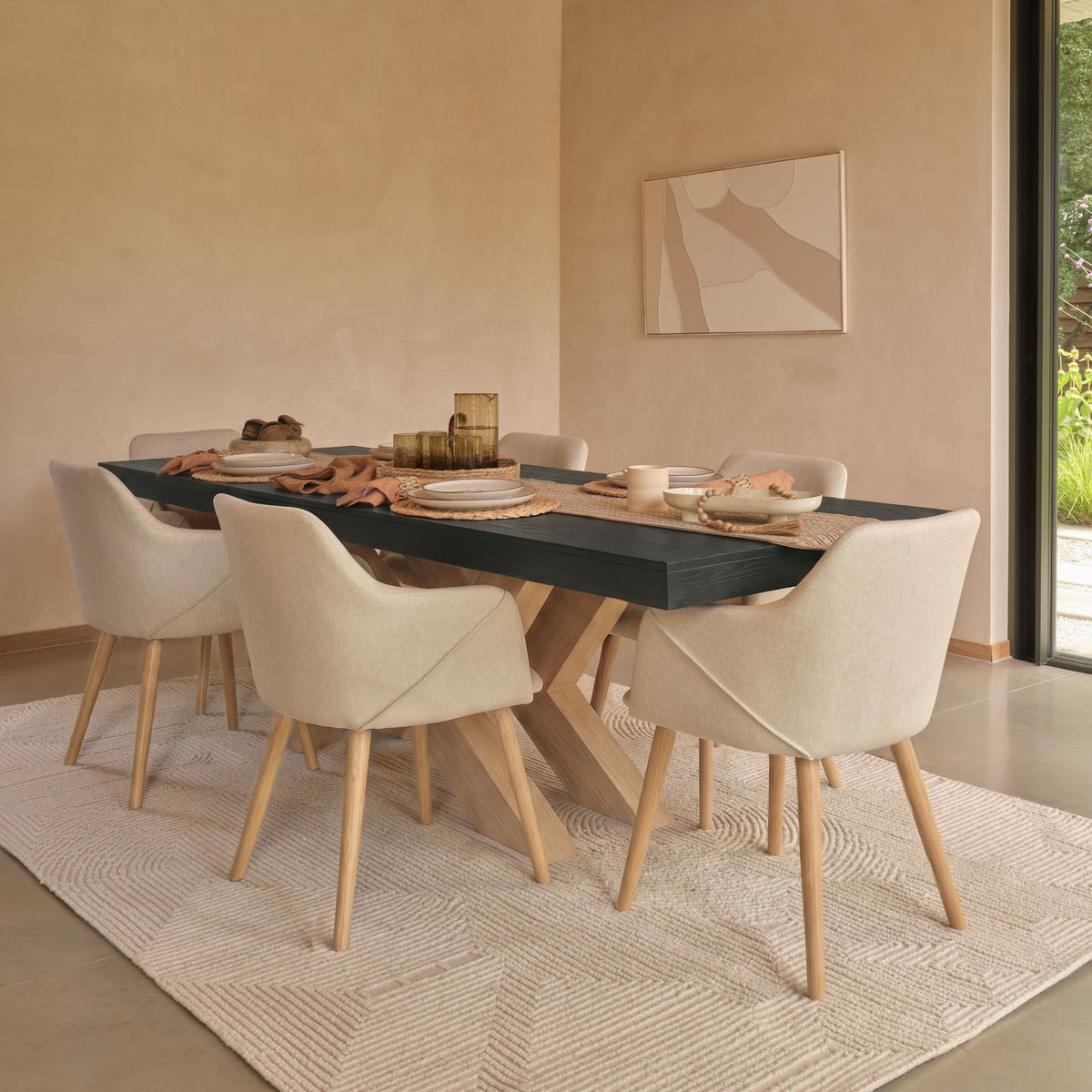 Olivia 160-240cm Black Oak Dining Table Set - 6 Seater - Freya Sand Dining Armchairs - Whitewash Oak Legs - Laura James 