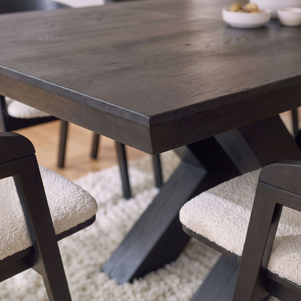 Olivia 160-240cm Black Oak Dining Table Set - 6 Seater - Ella Off White Boucle Dining Chairs - Black Oak Legs - Laura James 
