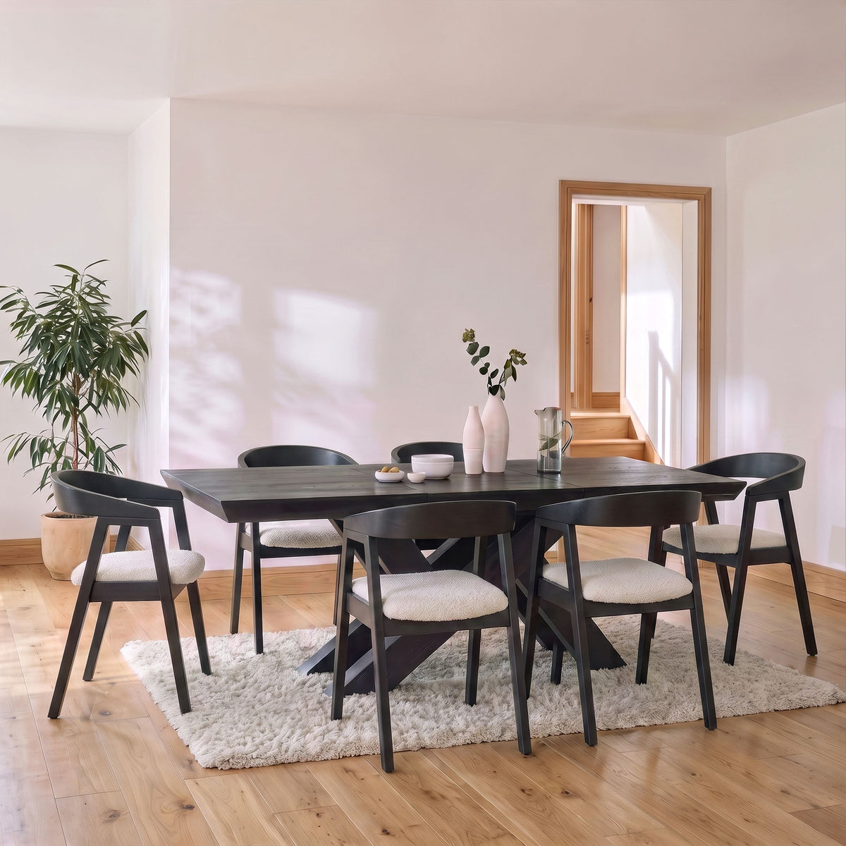 Olivia 160-240cm Black Oak Dining Table Set - 6 Seater - Ella Off White Boucle Dining Chairs - Black Oak Legs - Laura James 