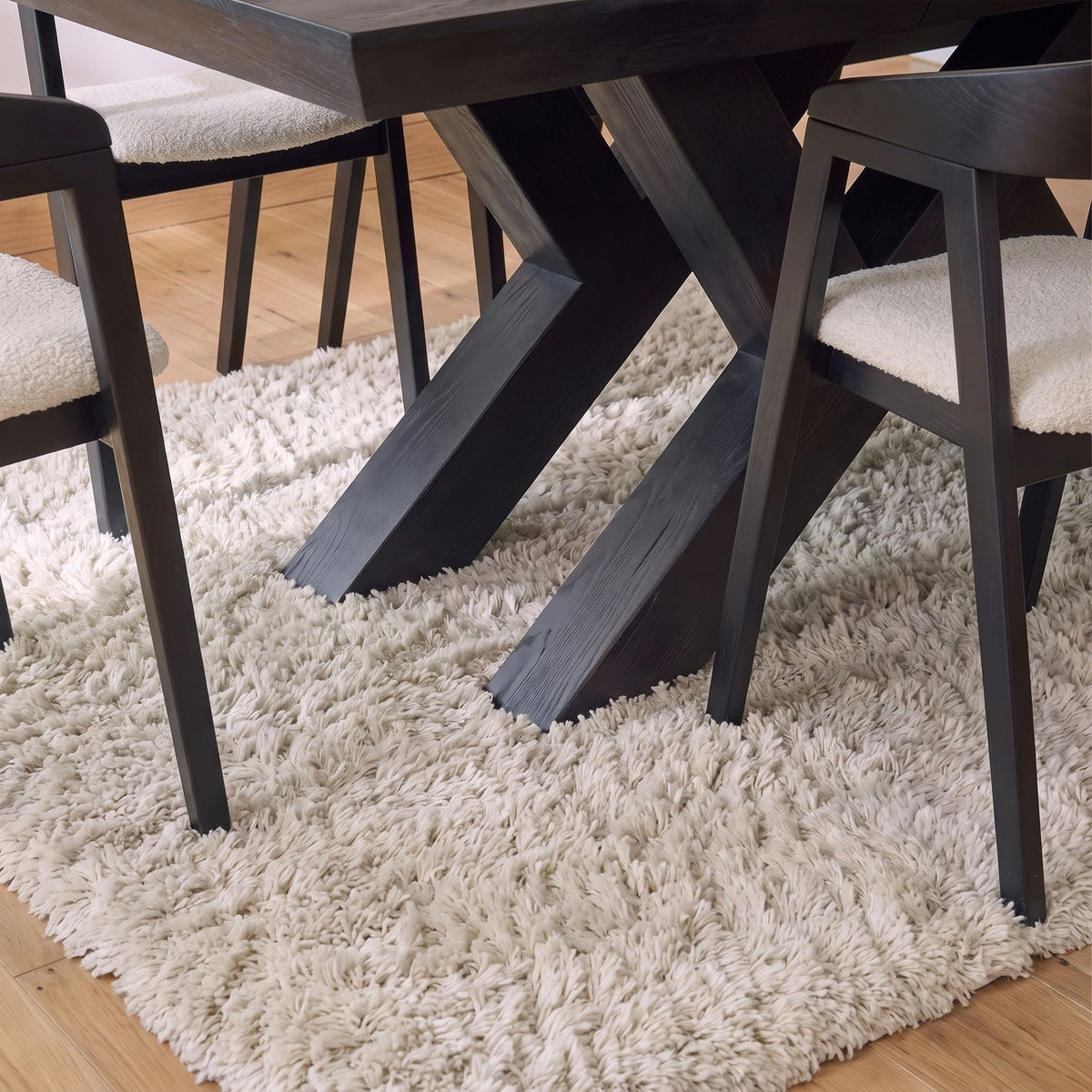 Olivia 160-240cm Black Oak Dining Table Set - 6 Seater - Ella Off White Boucle Dining Chairs - Black Oak Legs - Laura James 