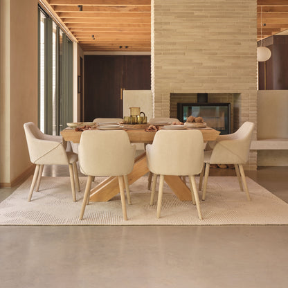 Olivia 160-240cm Pale Oak Dining Table Set - 6 Seater - Freya Sand Dining Armchairs - Pale Oak Legs