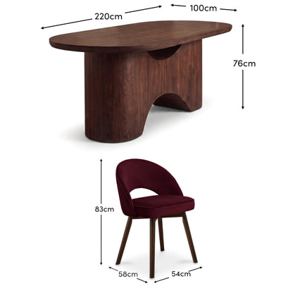 Octavia 220cm Coffee Brown Mango Wood Dining Table Set - 6 Seater - Marilyn Burgundy Red Dining Chairs - Coffee Brown Legs - Laura James  - Laura James 