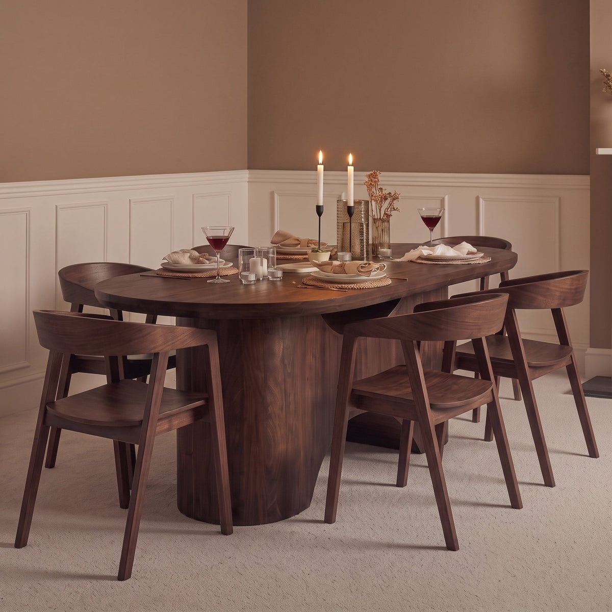 Octavia 220cm Coffee Brown Mango Wood Dining Table Set - 6 Seater - Ella Coffee Brown Armchairs - Laura James 