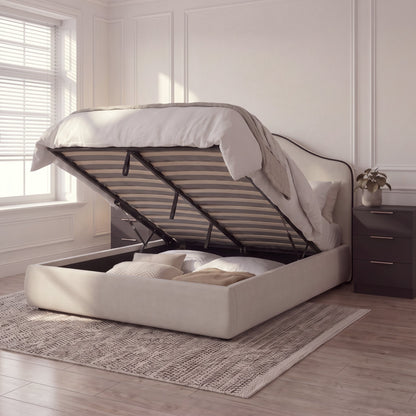 Odette Double Ottoman Bed - Ivory - Jet Black Piping