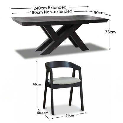 Olivia 160-240cm Black Oak Dining Table Set - 6 Seater - Ella Off White Boucle Dining Chairs - Black Oak Legs - Laura James 