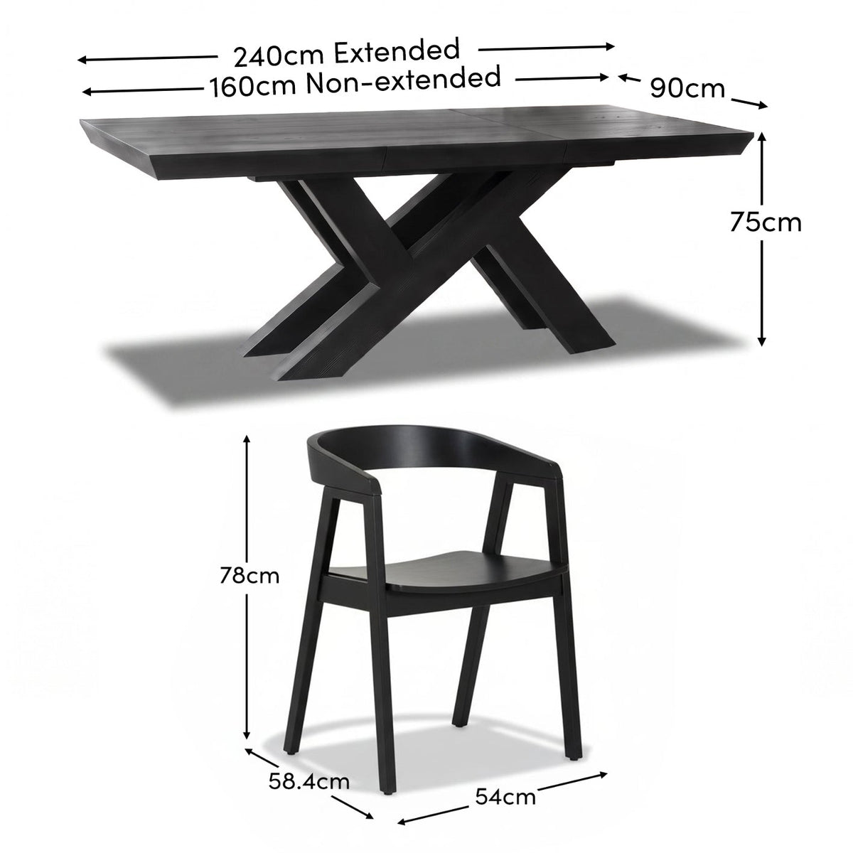 Olivia 160-240cm Black Oak Dining Table Set - 6 Seater - Ella Black Oak Dining Chairs - Laura James 