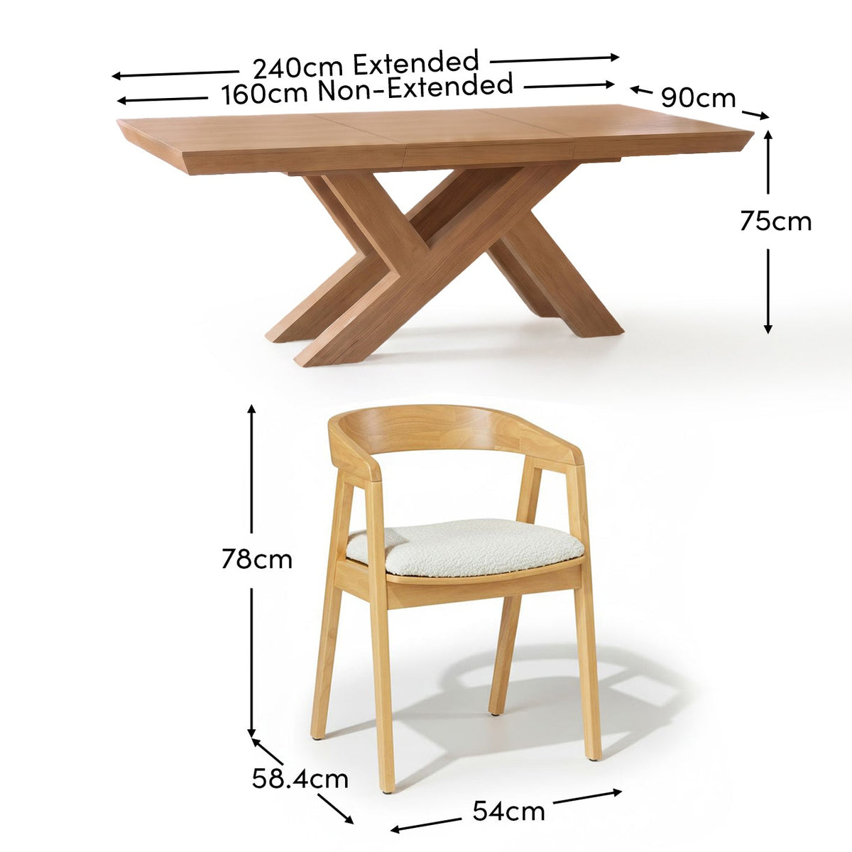 Olivia 160-240cm Pale Oak Dining Table Set - 6 Seater - Ella Off White Boucle Dining Chairs - Pale Oak Legs - Laura James 