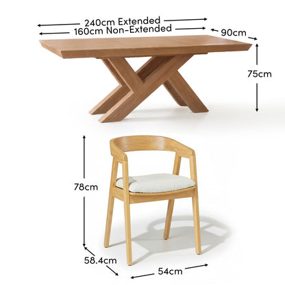 Olivia 160-240cm Pale Oak Dining Table Set - 6 Seater - Ella Off White Boucle Dining Chairs - Pale Oak Legs - Laura James 