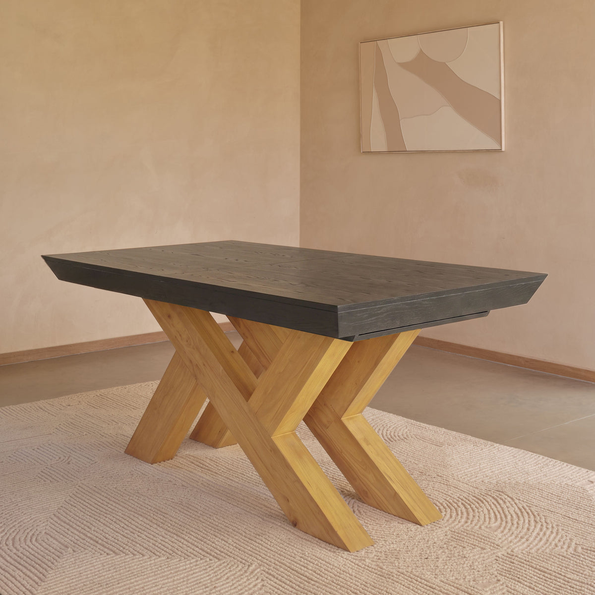 Olivia 160-240cm Black Oak Dining Table Set - 6 Seater - Freya Sand Dining Armchairs - Pale Oak Legs