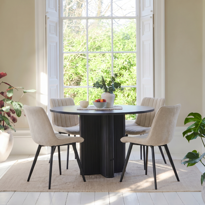 Orla Black Mango Wood Round Dining Table Set - 4 Seater - Bella Boucle Dining Chairs - Black Legs - Laura James