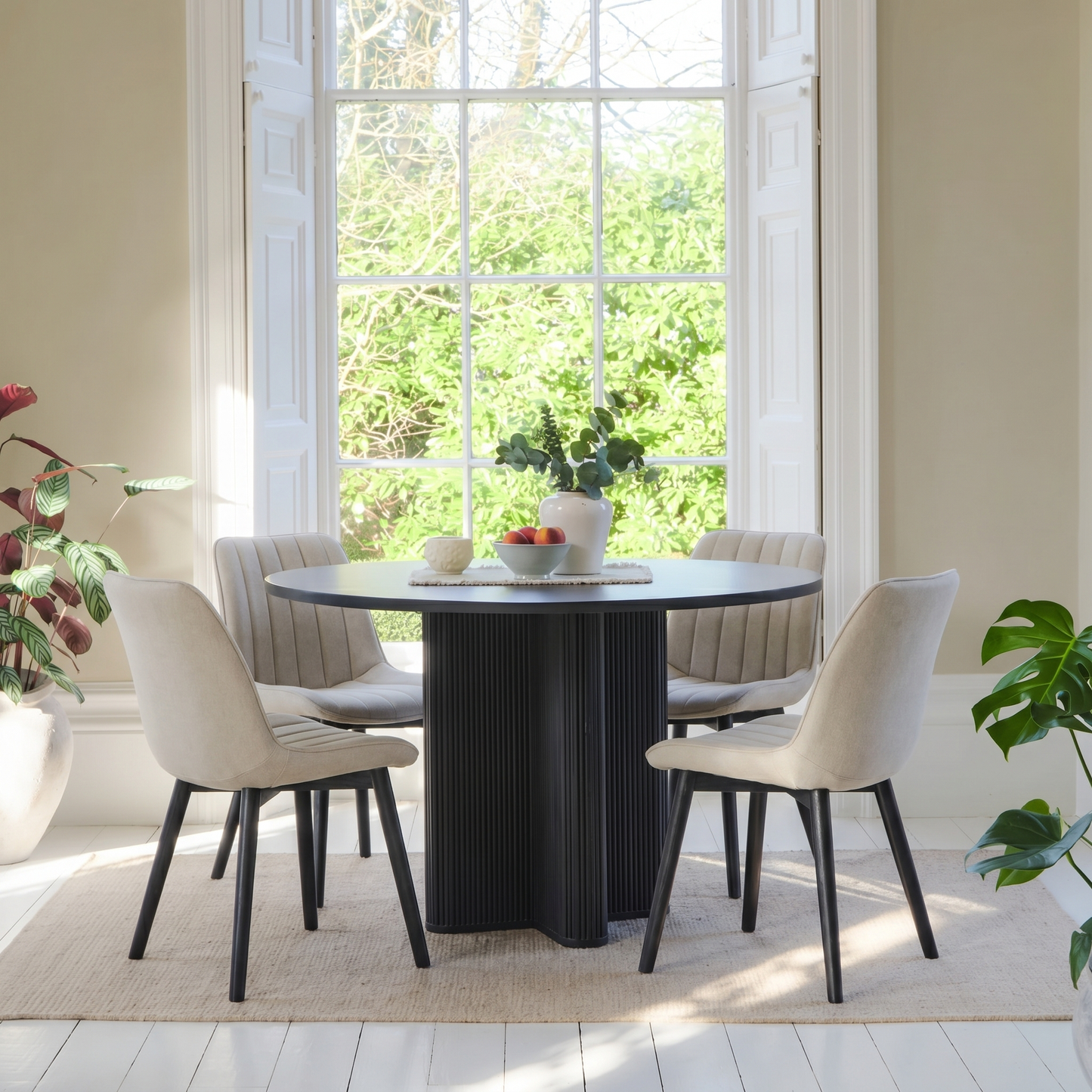 Orla Black Mango Wood Round Dining Table Set - 4 Seater - Bella Soft Beige Dining Chairs - Black Legs