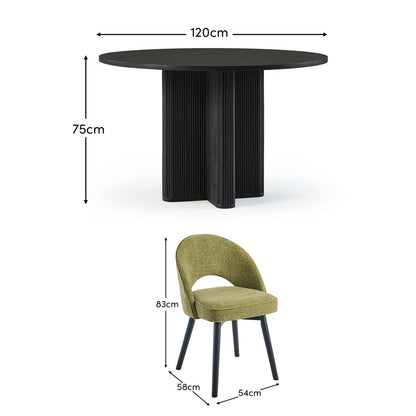 Orla Black Mango Wood Round Dining Table Set - 4 Seater - Marilyn Green Dining Chairs - Black Legs - Laura James