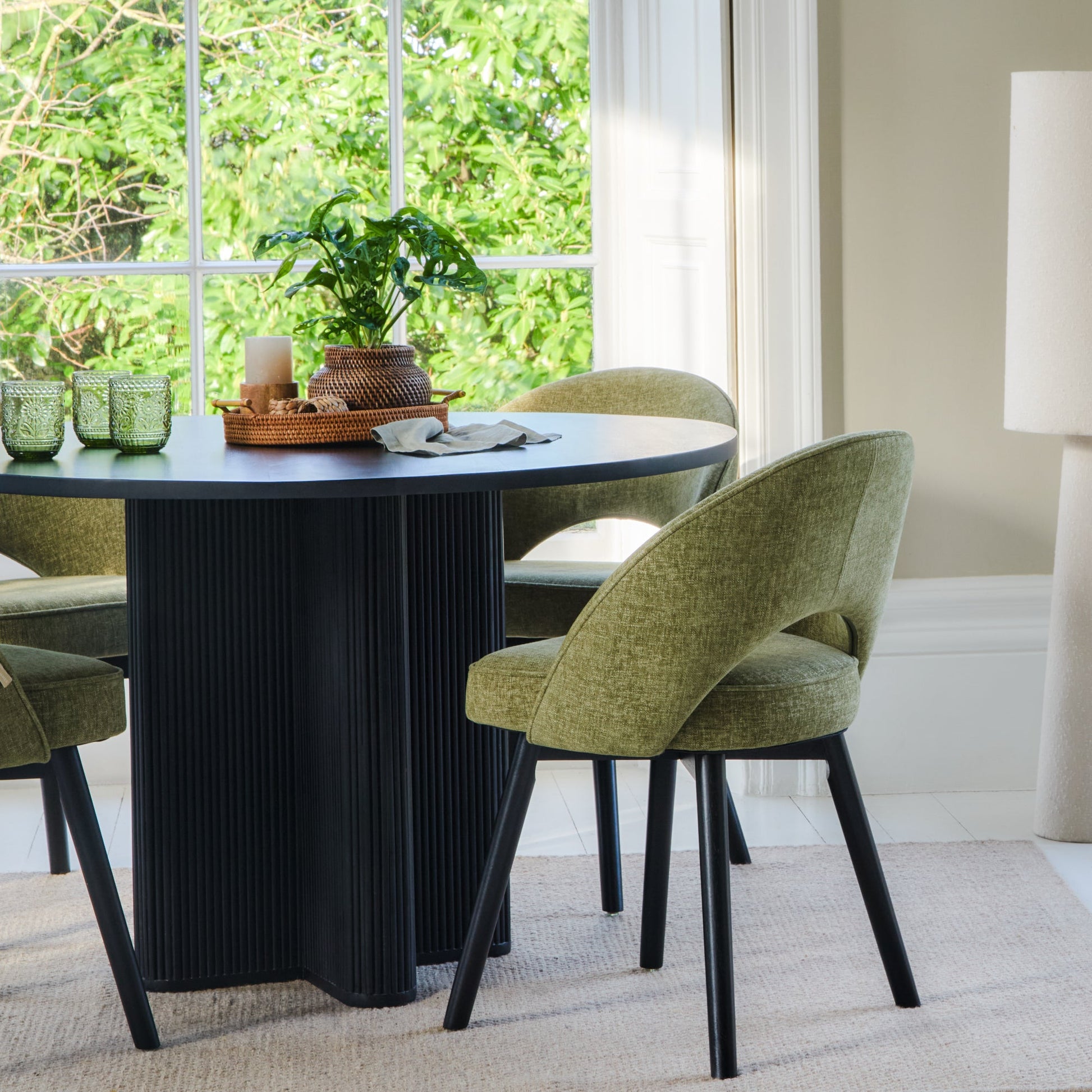 Orla Black Mango Wood Round Dining Table Set - 4 Seater - Marilyn Green Dining Chairs - Black Legs - Laura James