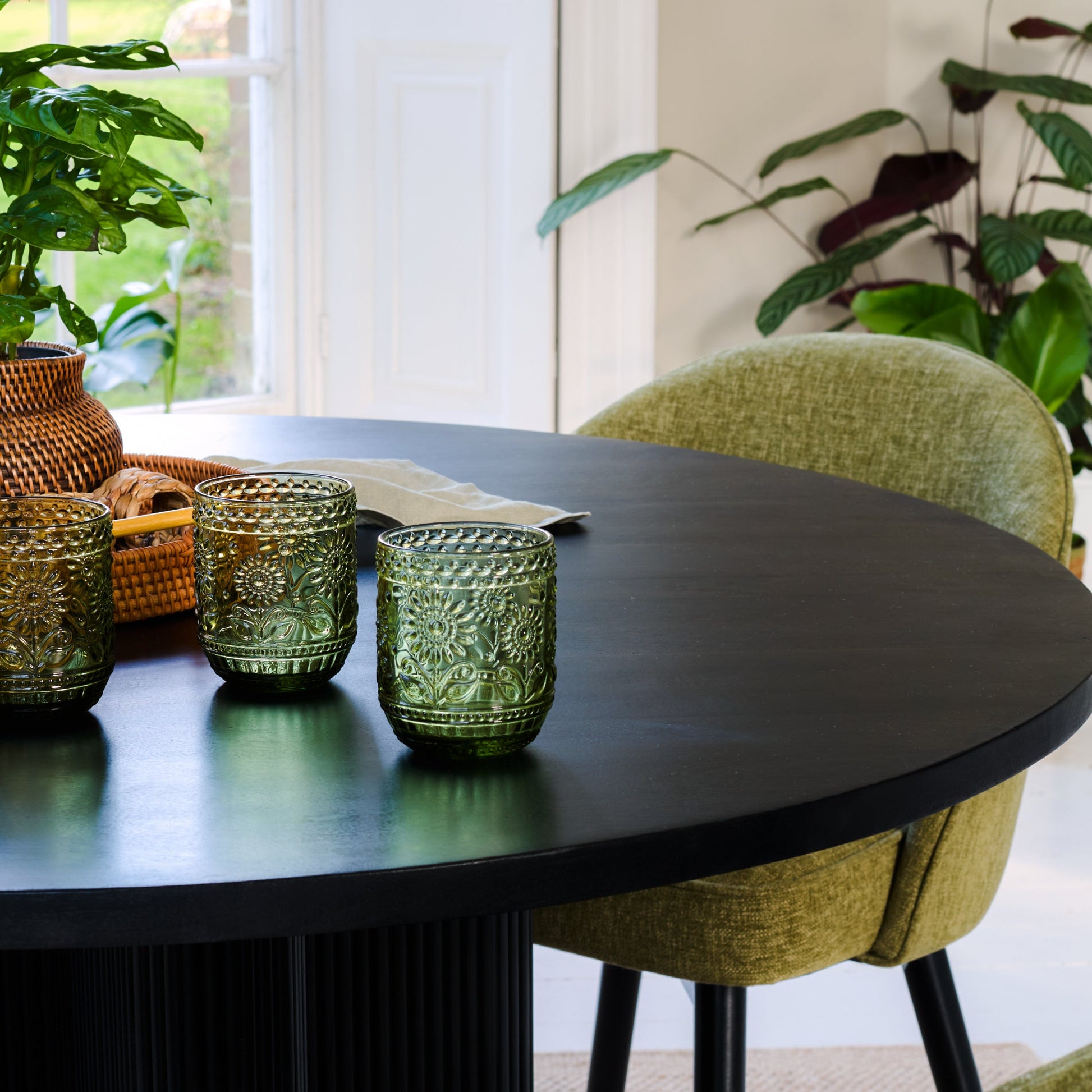 Orla Black Mango Wood Round Dining Table Set - 4 Seater - Marilyn Green Dining Chairs - Black Legs - Laura James