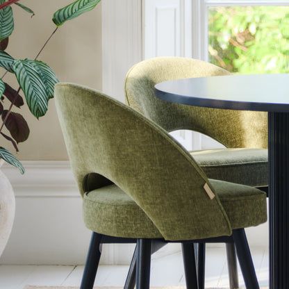 Orla Black Mango Wood Round Dining Table Set - 4 Seater - Marilyn Green Dining Chairs - Black Legs - Laura James