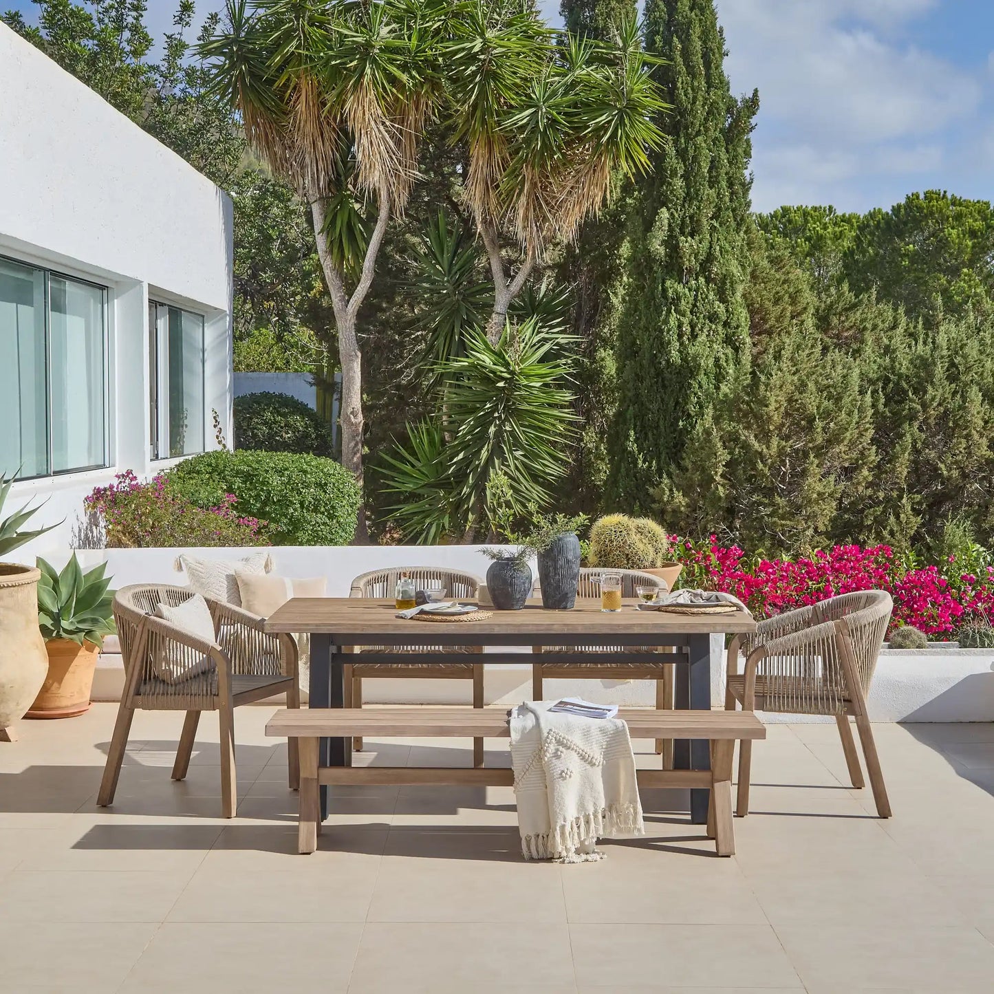 Palm 6 Seater Wooden Garden Dining Set with 4 Nala Sand Chairs & Charlotte Bench - Laura James 