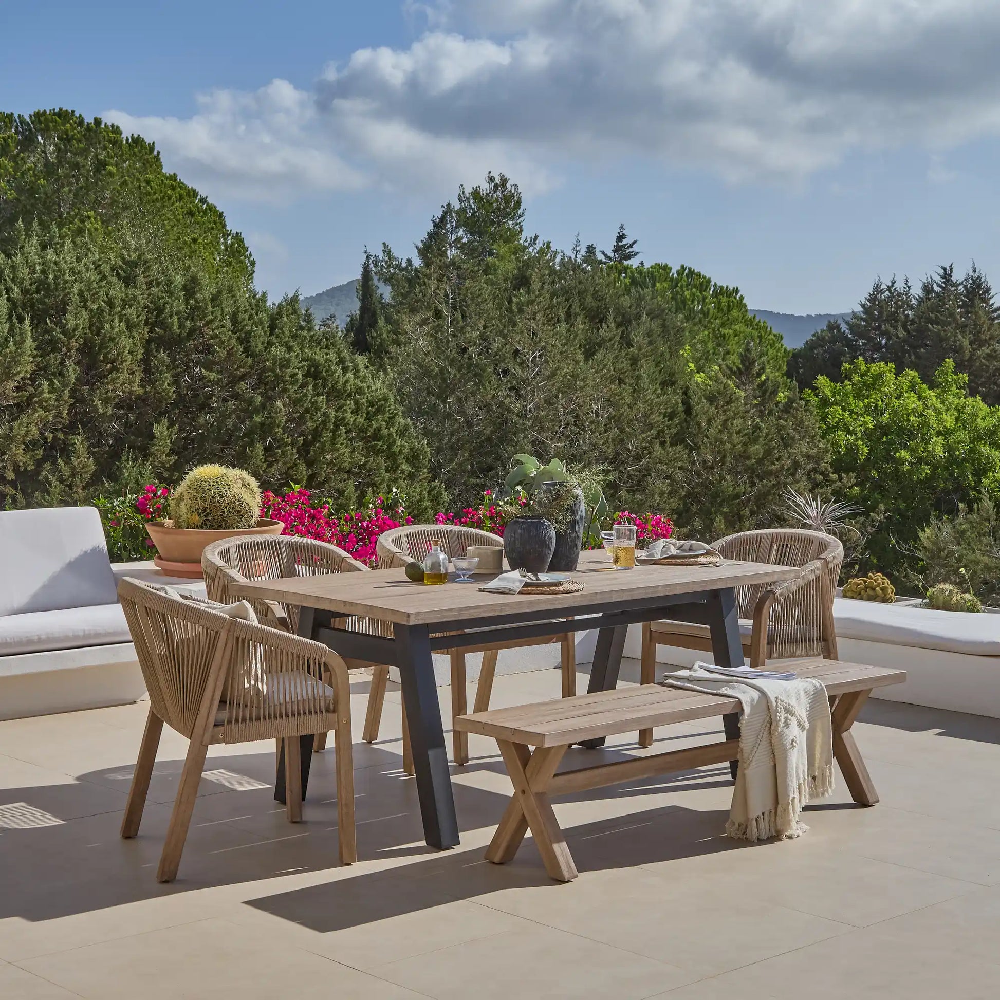 Palm Wooden Dining Table Set with 4 x  Nala Wooden Dining Chairs and Bench Set - Laura James 