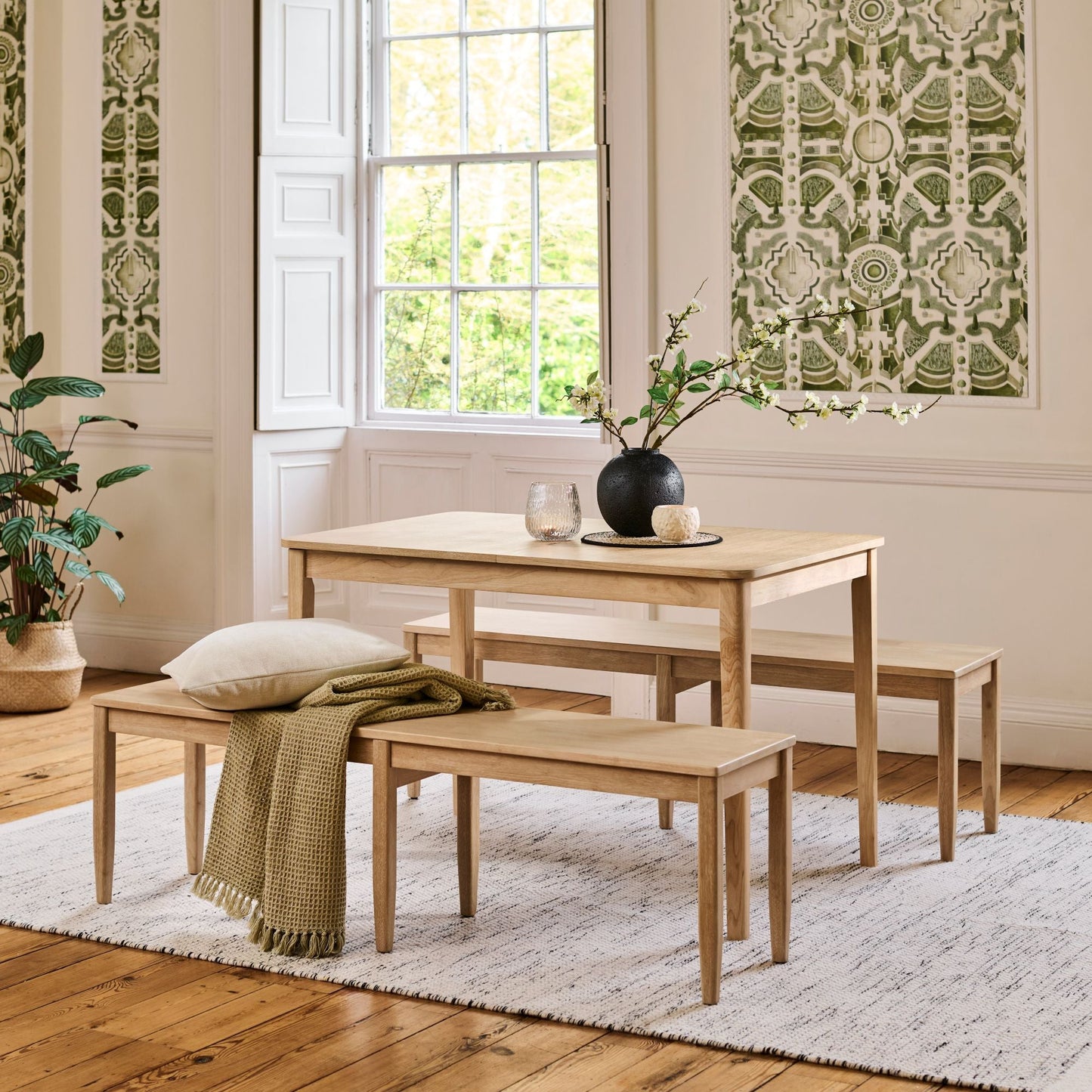 Paul 118-158cm Extending Dining Table with 2 Tilly 150cm Whitewash Oak Benches - Laura James