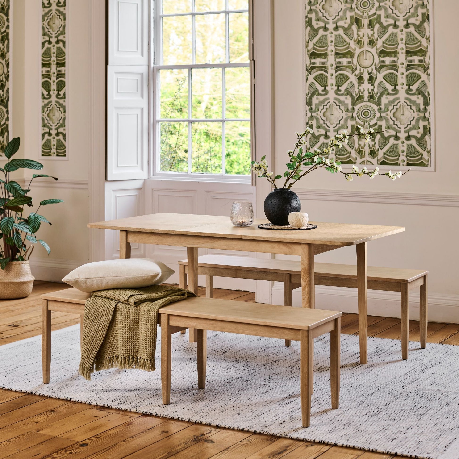 Paul 118-158cm Extending Dining Table with 2 Tilly 150cm Whitewash Oak Benches - Laura James