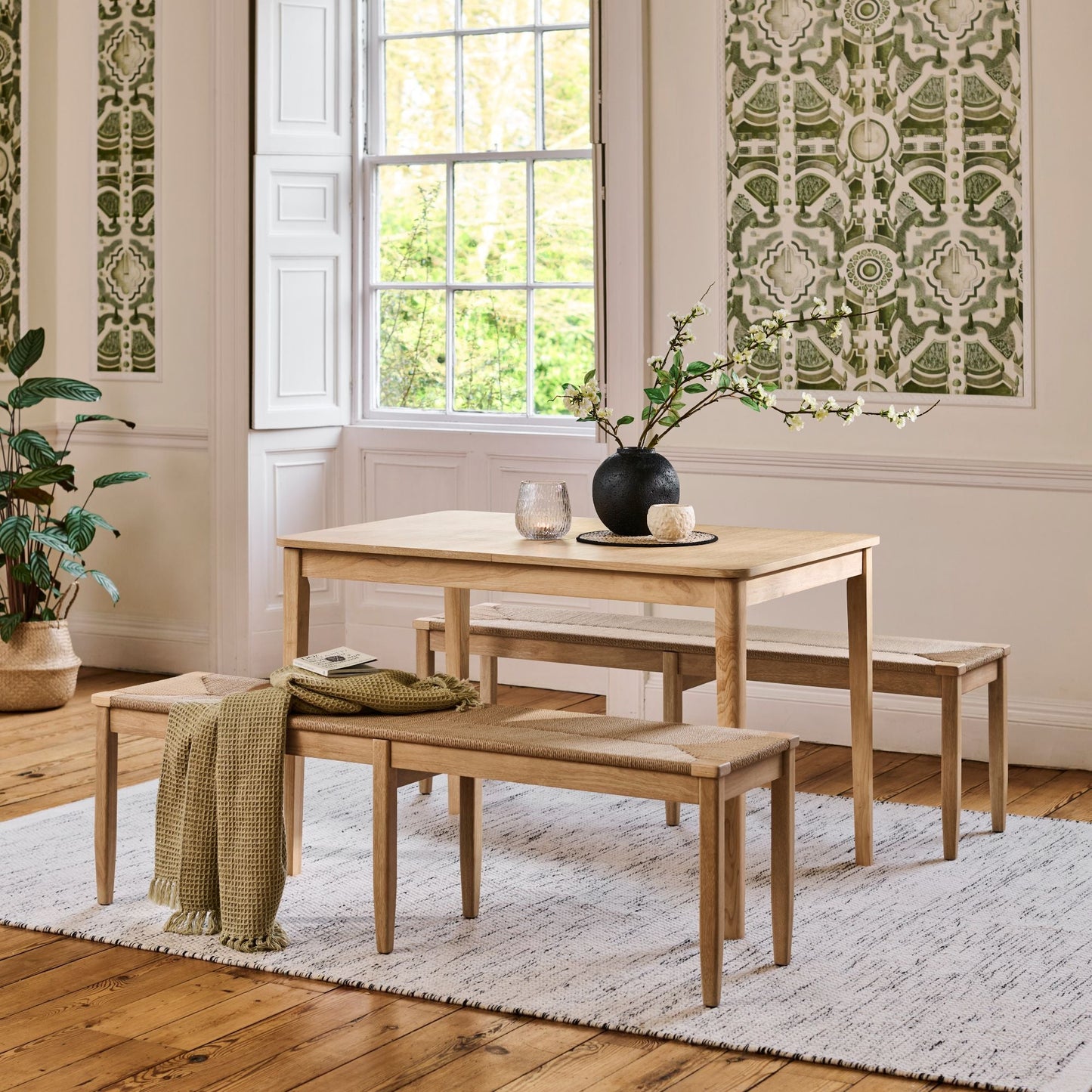 Paul 118-158cm Extending Dining Table with 2 Tilly 150cm Whitewash Oak Benches & Paper Cord - Laura James
