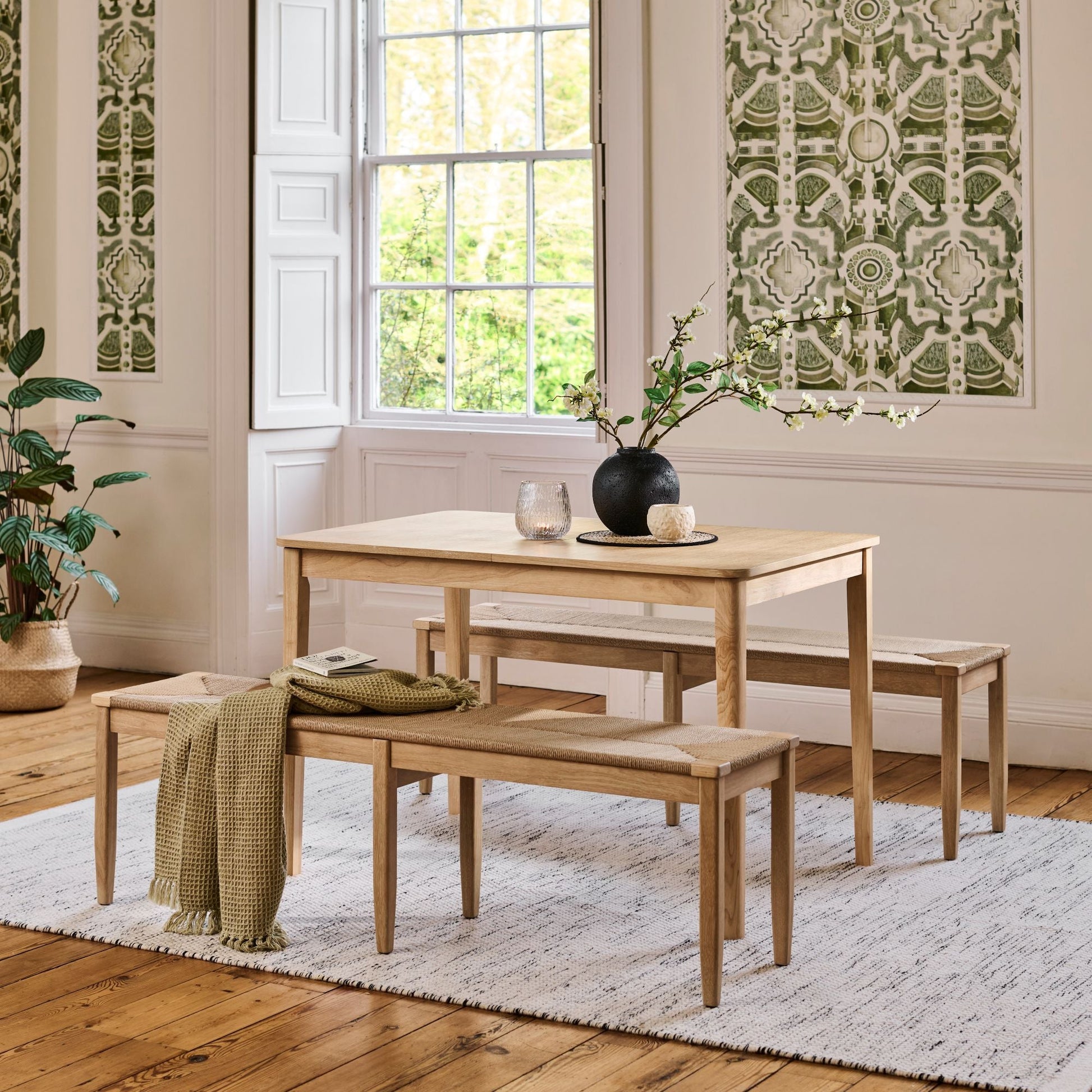 Paul 118-158cm Extending Dining Table with 2 Tilly 150cm Whitewash Oak Benches & Paper Cord - Laura James
