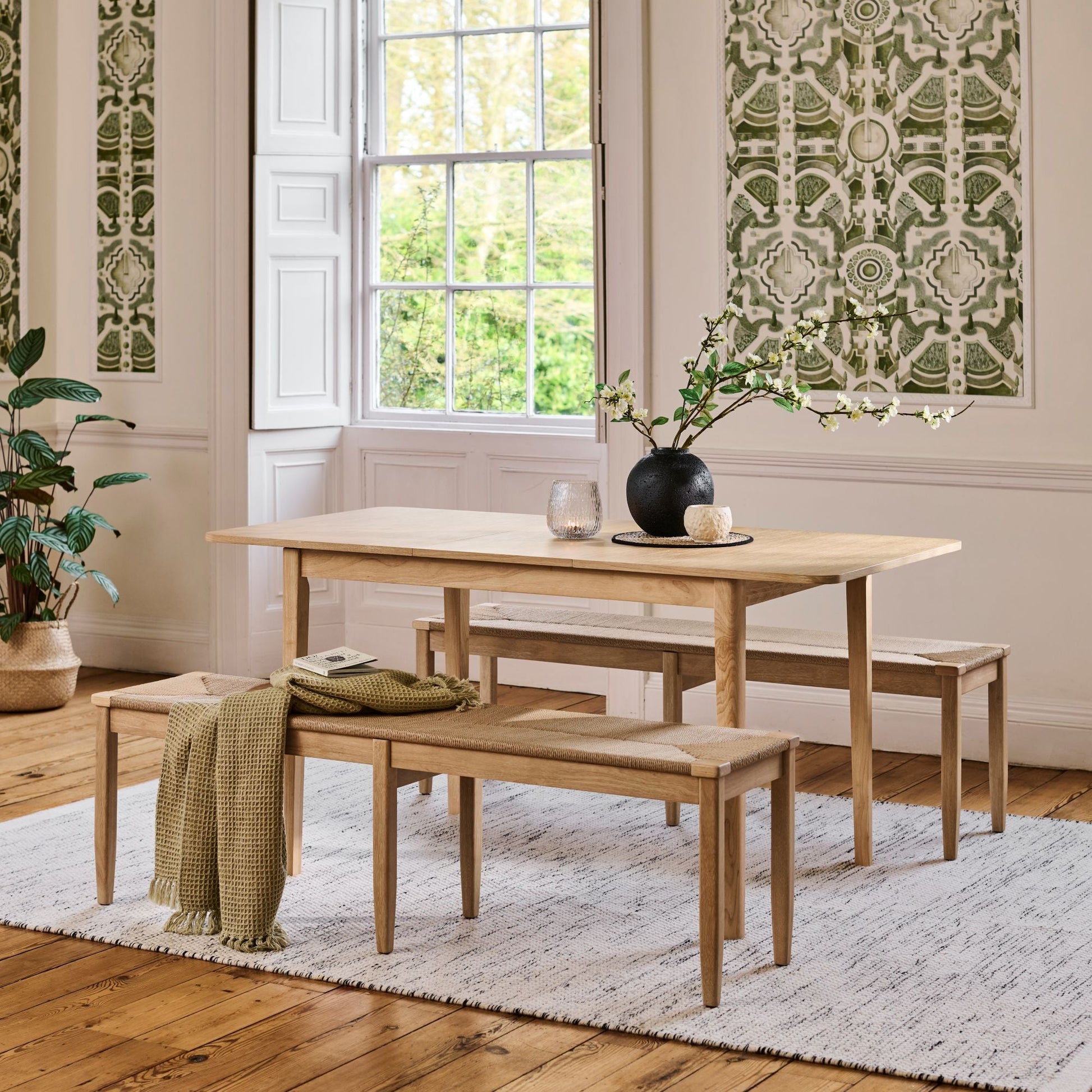 Paul 118-158cm Extending Dining Table with 2 Tilly 150cm Whitewash Oak Benches & Paper Cord - Laura James