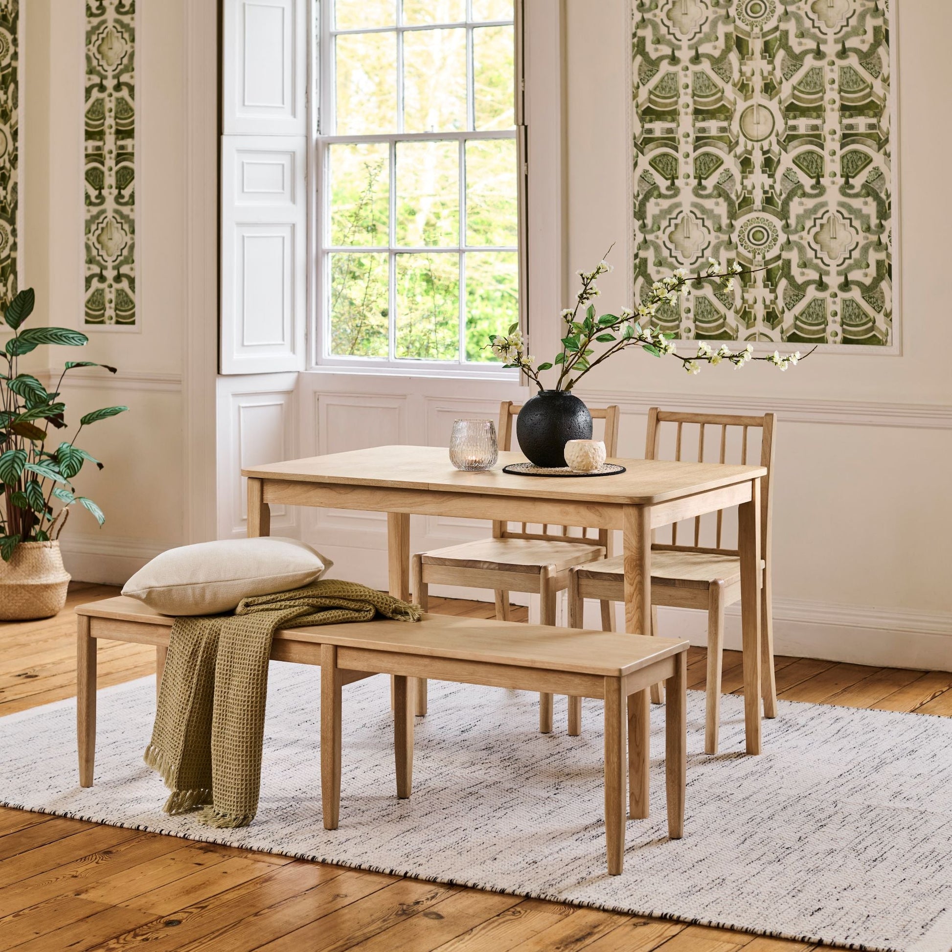 Paul 118-158cm Extending Dining Table & Tilly 150cm Wooden Bench with 2 Tilly 150cm Whitewash Oak Chairs - Laura James