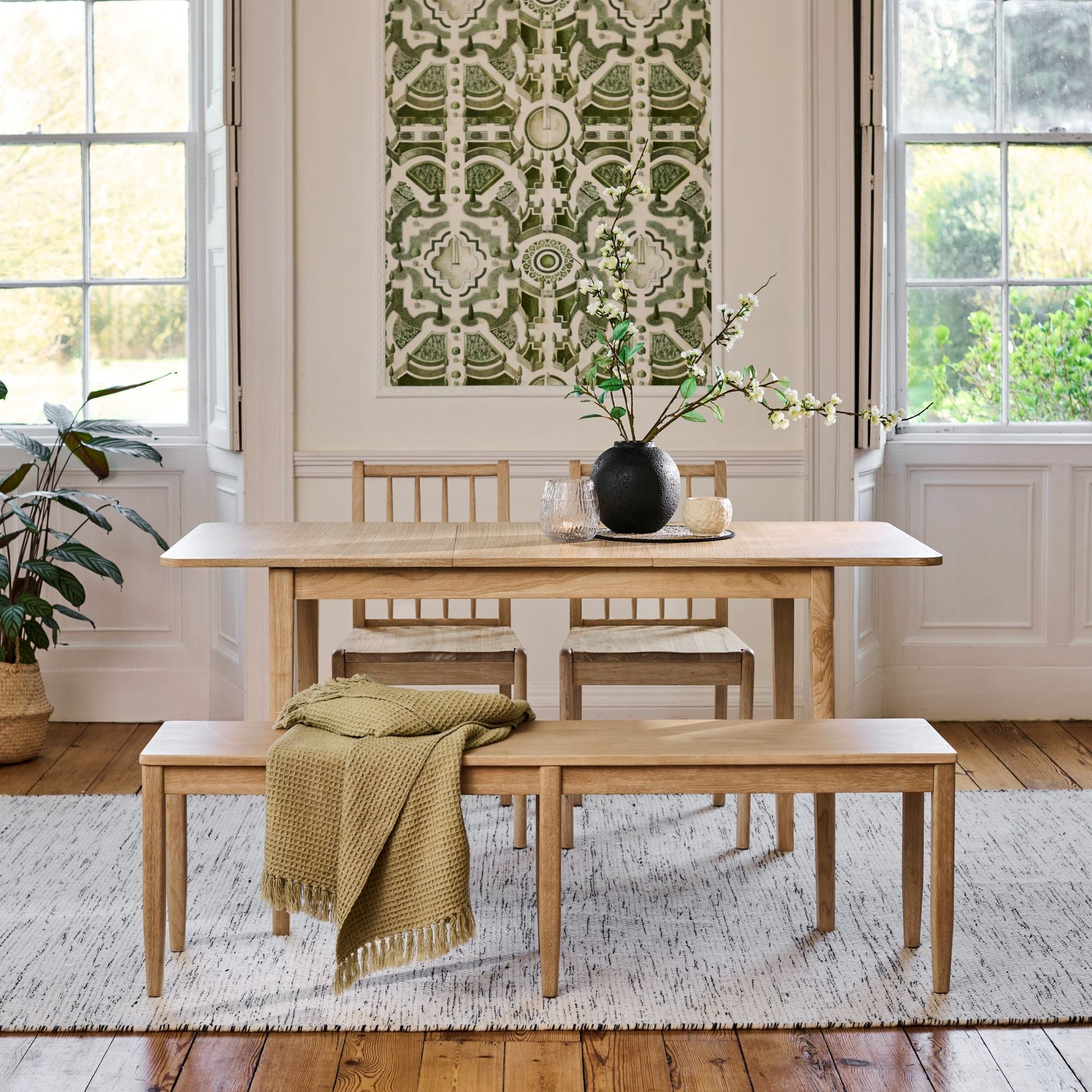 Paul 118-158cm Extending Dining Table & Tilly 150cm Wooden Bench with 2 Tilly 150cm Whitewash Oak Chairs - Laura James