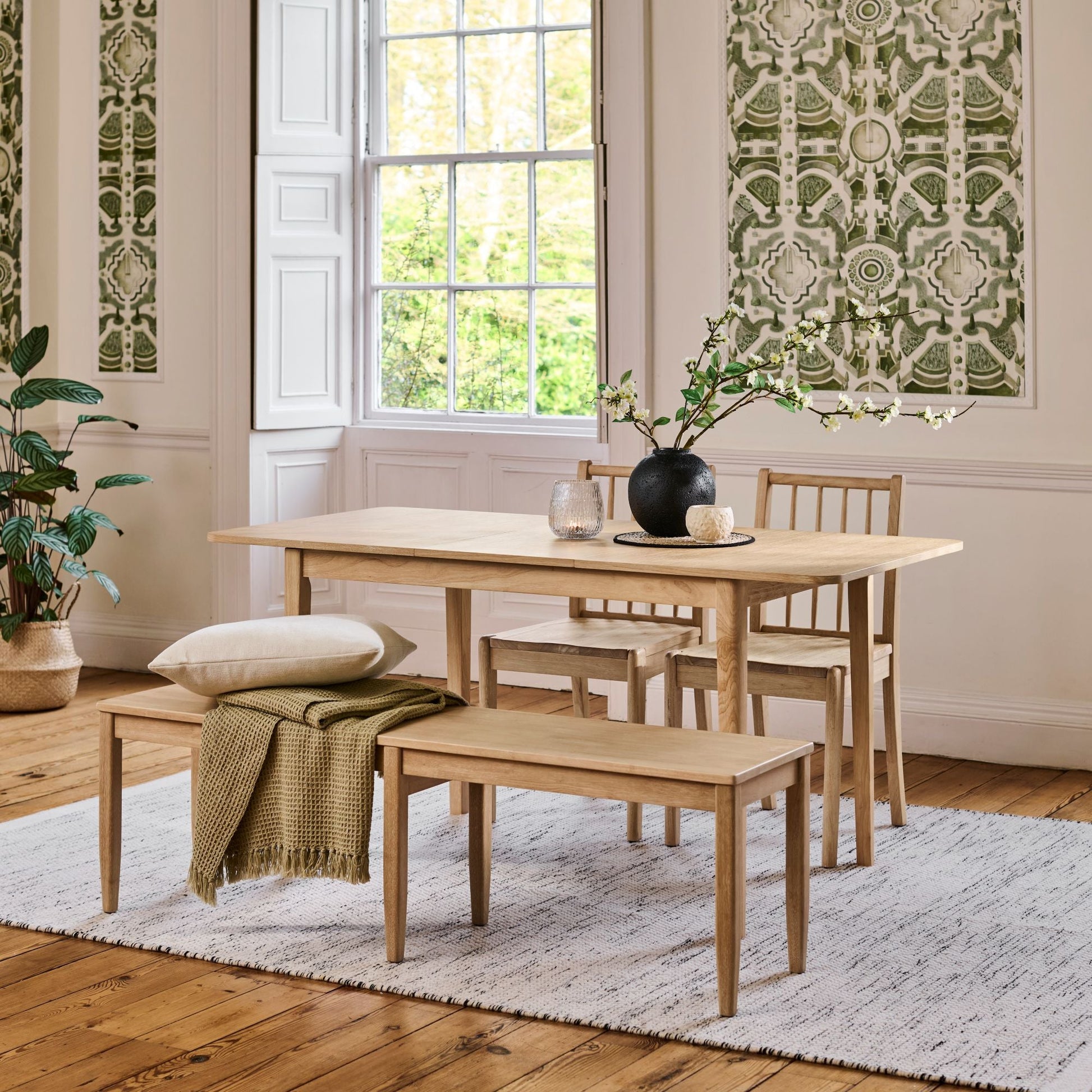 Paul 118-158cm Extending Dining Table & Tilly 150cm Wooden Bench with 2 Tilly 150cm Whitewash Oak Chairs - Laura James