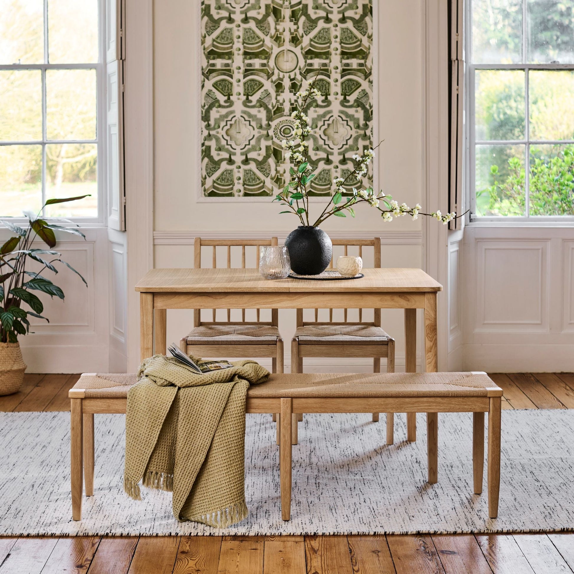Paul 118-158cm Extending Dining Table & Tilly 150cm Wooden Bench with 2 Tilly 150cm Whitewash Oak Benches & Natural String - Laura James